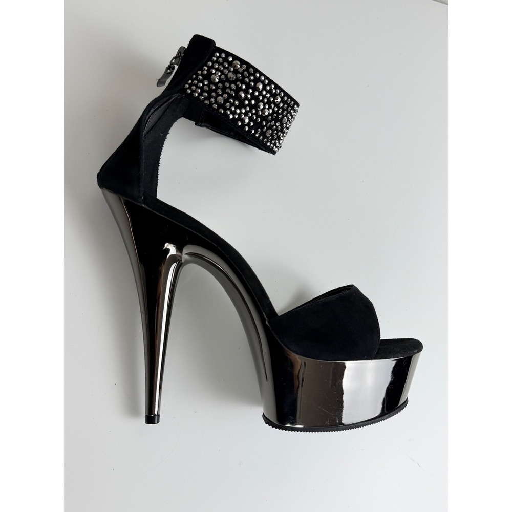 Pleaser Women Leather Platform Heels Delight 10 Black Rhinestone Chrome Dance